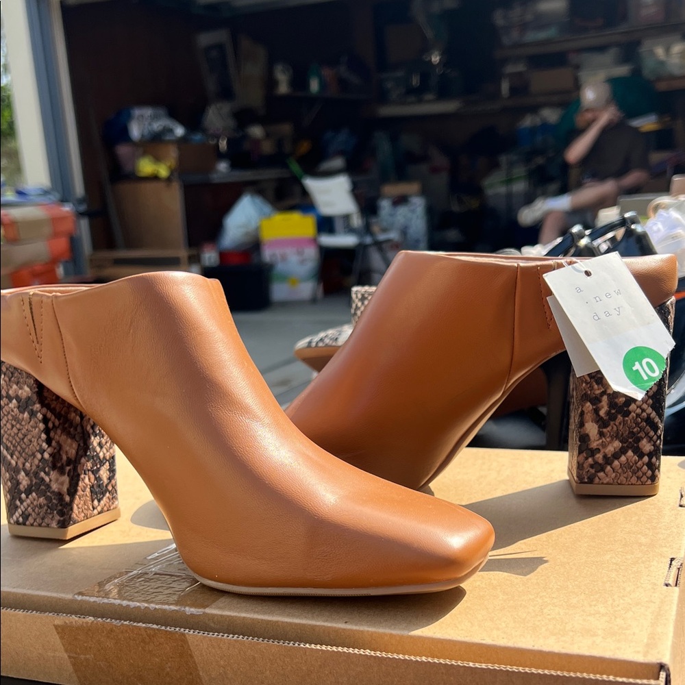 A New Day Women's Brown Snakeskin Block Heel Mules